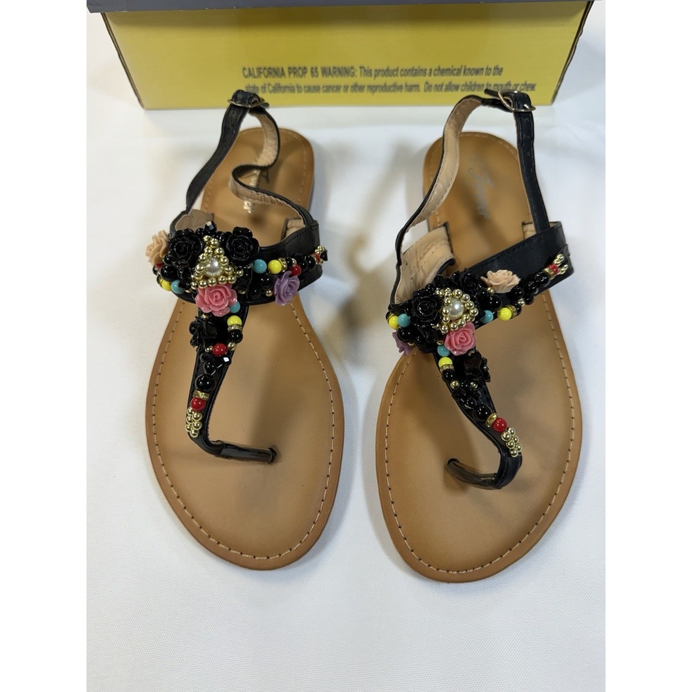 Forever Tanya-35 Blk Embellished T-Strap Flat Sandal Thong Women's Size 8.5 NIB